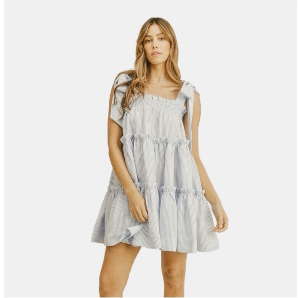 Mable Sage Green Striped Seersucker Ribbon Tie Sleeveless Babydoll Dress Sz S